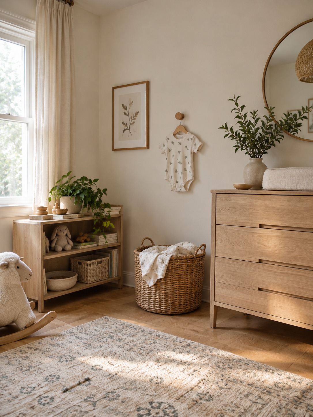 Nursery laundry basket dresser Woven laundry basket beside an oak dresser in a nursery corner | Sky Rye Design Woven laundry basket beside an oak dresser in a nursery corner