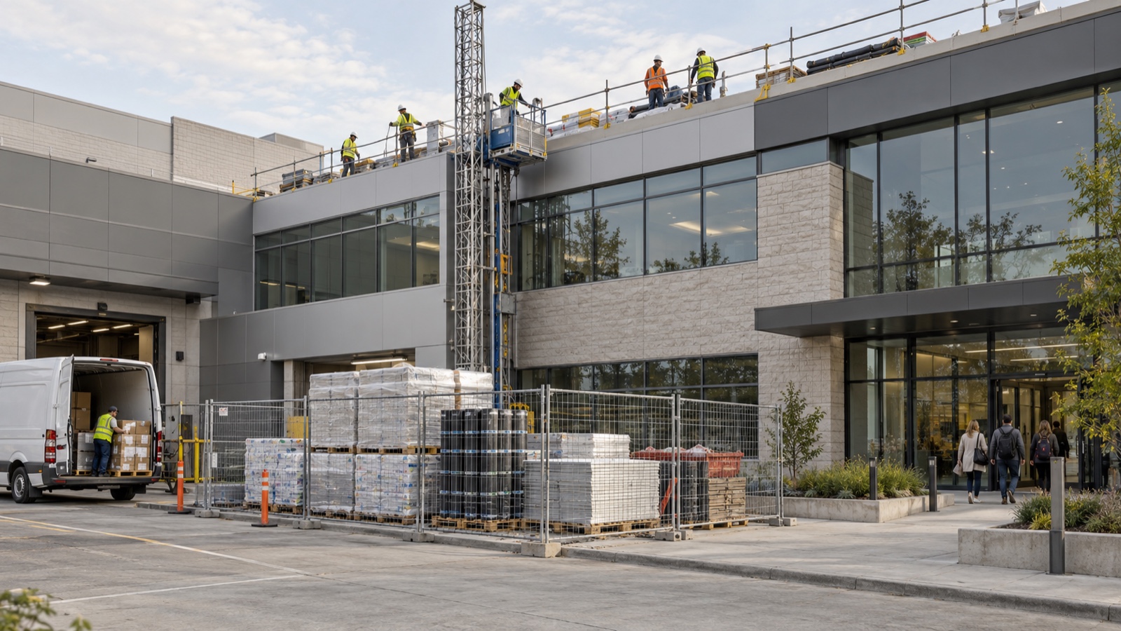 Roof work staged around tenants and deliveries Roofing materials staged in a fenced area beside an occupied commercial building while deliveries continue at a separate loading= Roofing materials staged in a fenced area beside an occupied commercial building while deliveries continue at a separate loading bay