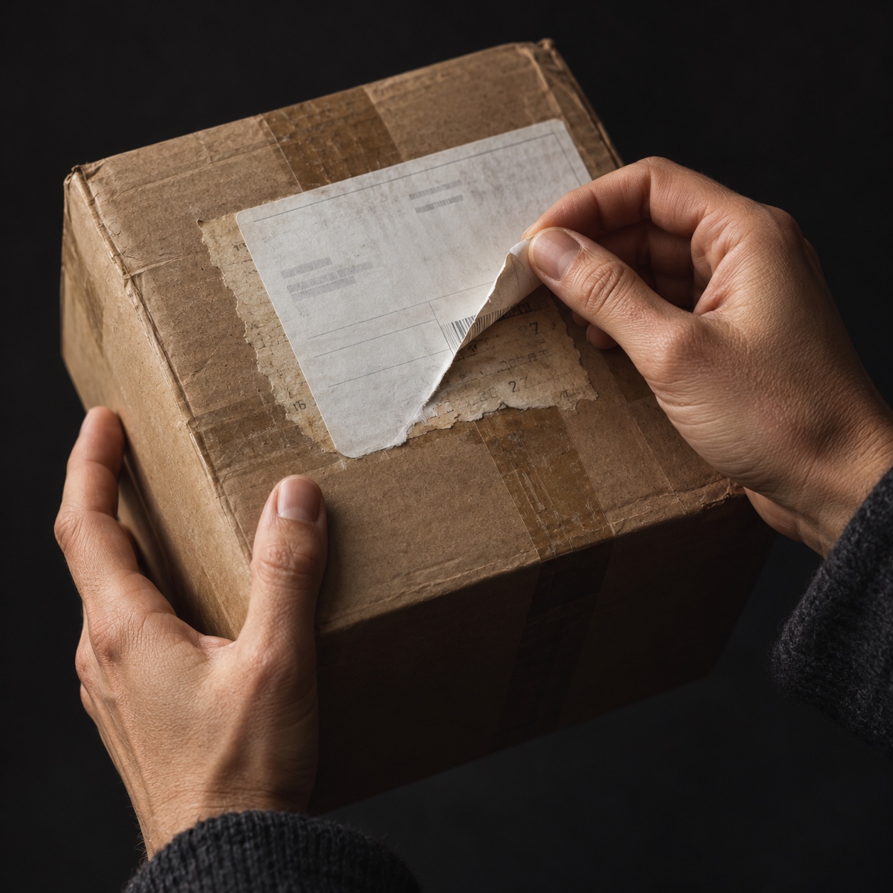 Old address clue beneath the label Hands turning a package to reveal part of an old address beneath a newer label | Sky Rye Design Hands turning a package to reveal part of an old address beneath a newer label