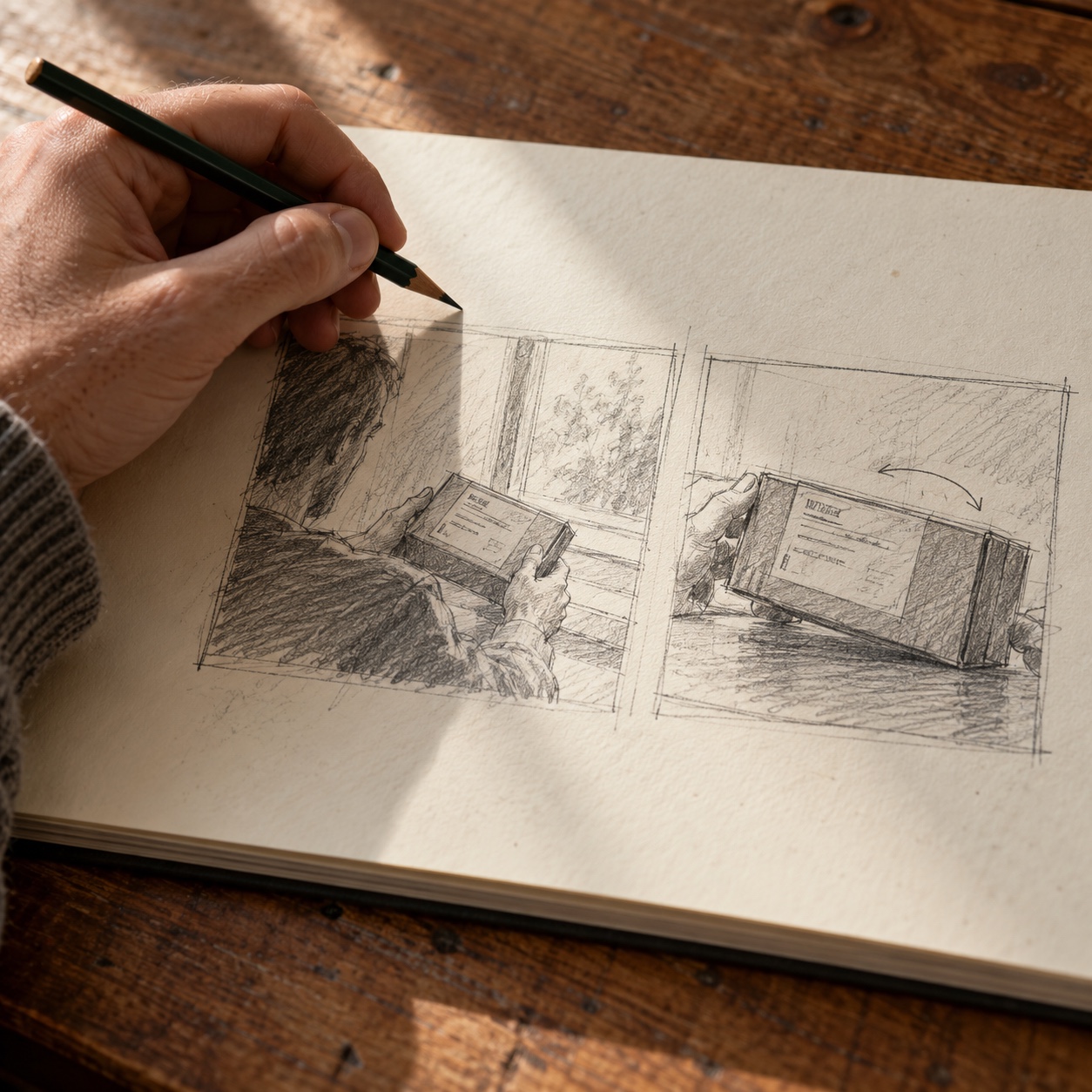 Two camera options for the address clue Two rough storyboard thumbnails comparing ways to reveal an old address on a package | Sky Rye Design Two rough storyboard thumbnails comparing ways to reveal an old address on a package