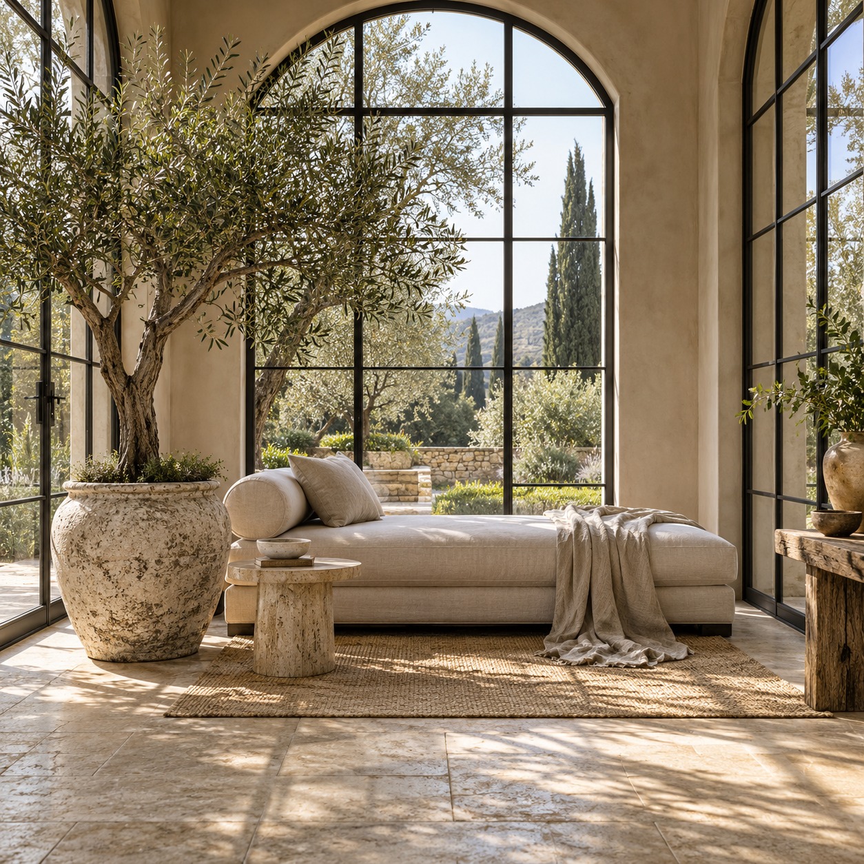 Olive tree conservatory daybed Olive tree and linen daybed in a bright conservatory with a travertine floor. | Sky Rye Design Olive tree and linen daybed in a bright conservatory with a travertine floor.