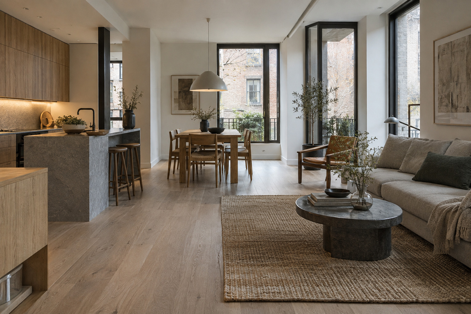 Open-plan apartment with distinct cooking, dining and sitting zones
