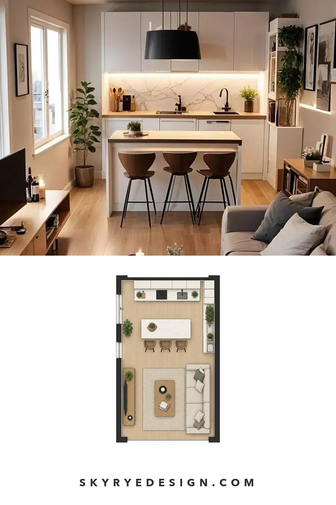 Open-plan living room and kitchen photo paired with a floor plan showing the sofa, TV wall, island, stools, and cabinets