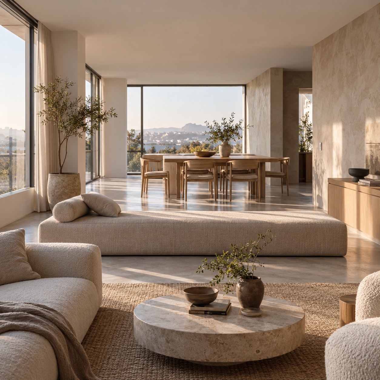 Long upholstered daybed dividing a lounge from the dining area while keeping the open view