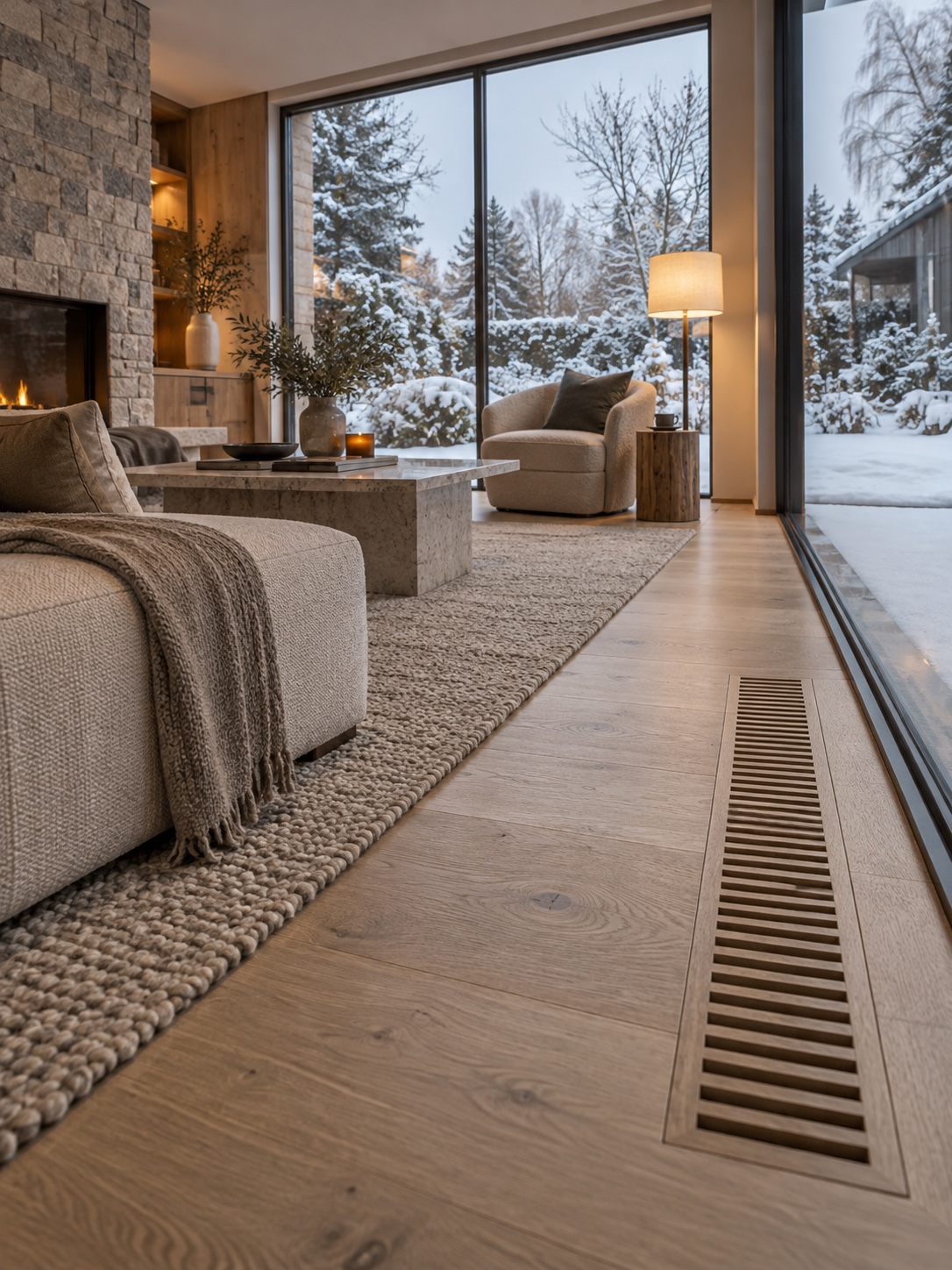 Warm open-plan living room with a floor vent and snowy view through the windows