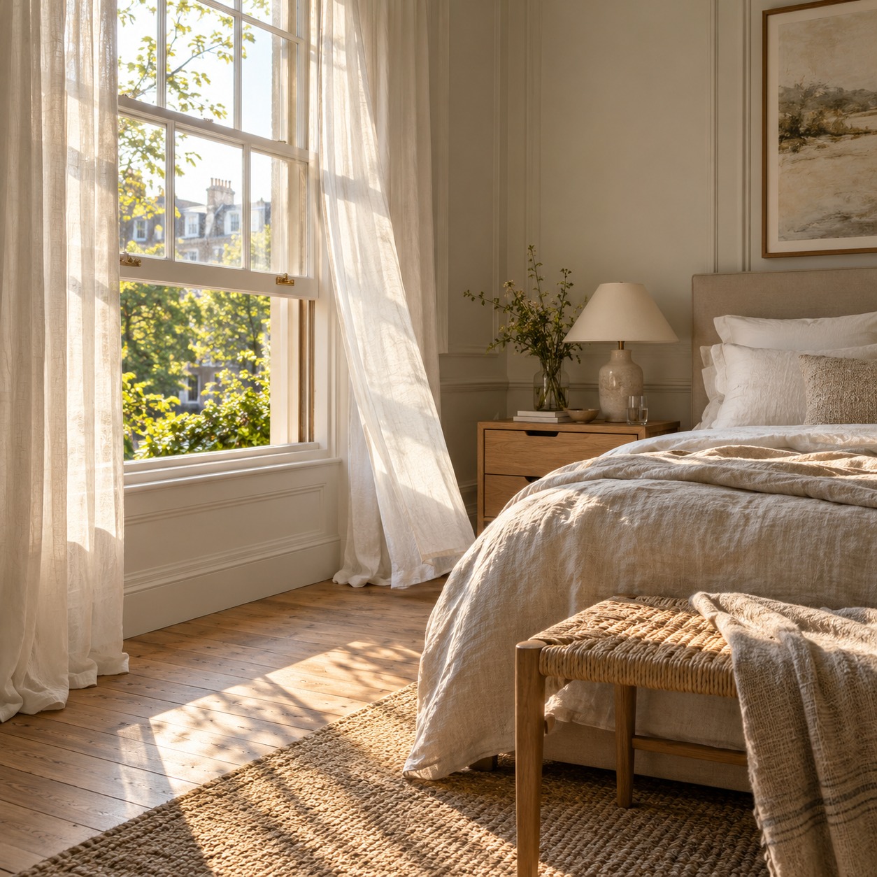 Open sash window linen bedroom Morning light falls across linen bedding beneath an open sash window. | Sky Rye Design Morning light falls across linen bedding beneath an open sash window.