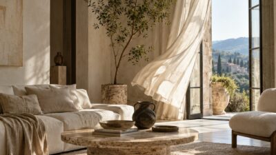 Sheer linen curtain billowing beside an open glazed door in a pale plaster living room.
