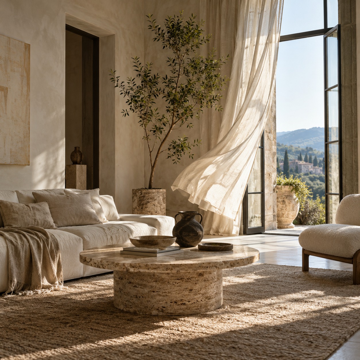 Open window plaster living room Sheer linen curtain billowing beside an open glazed door in a pale plaster living room. | Sky Rye Design Sheer linen curtain billowing beside an open glazed door in a pale plaster living room.