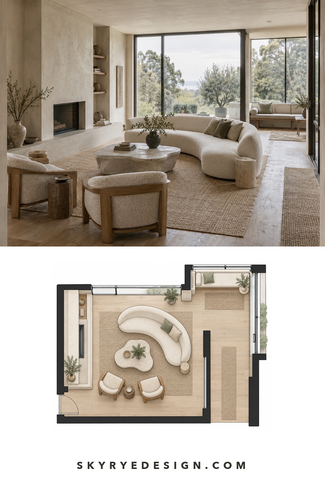 Organic modern living room photo paired with an L-shaped top-down floor plan