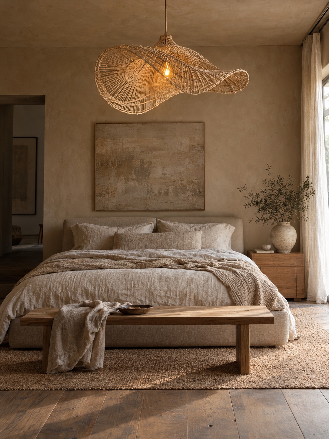 Sculptural woven fiber chandelier in a warm modern bedroom with natural textures