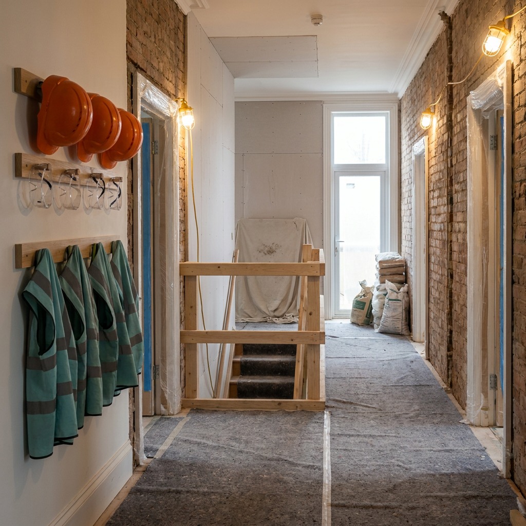 A Well-Organised Protected Site Tidy interior construction site with clear walkways, protected floors and finished walls, a guarded stair opening and a neat station of hard hats and safety glasses | Sky Rye Design Tidy interior construction site with clear walkways, protected floors and finished walls, a guarded stair opening and a neat station of hard hats and safety glasses