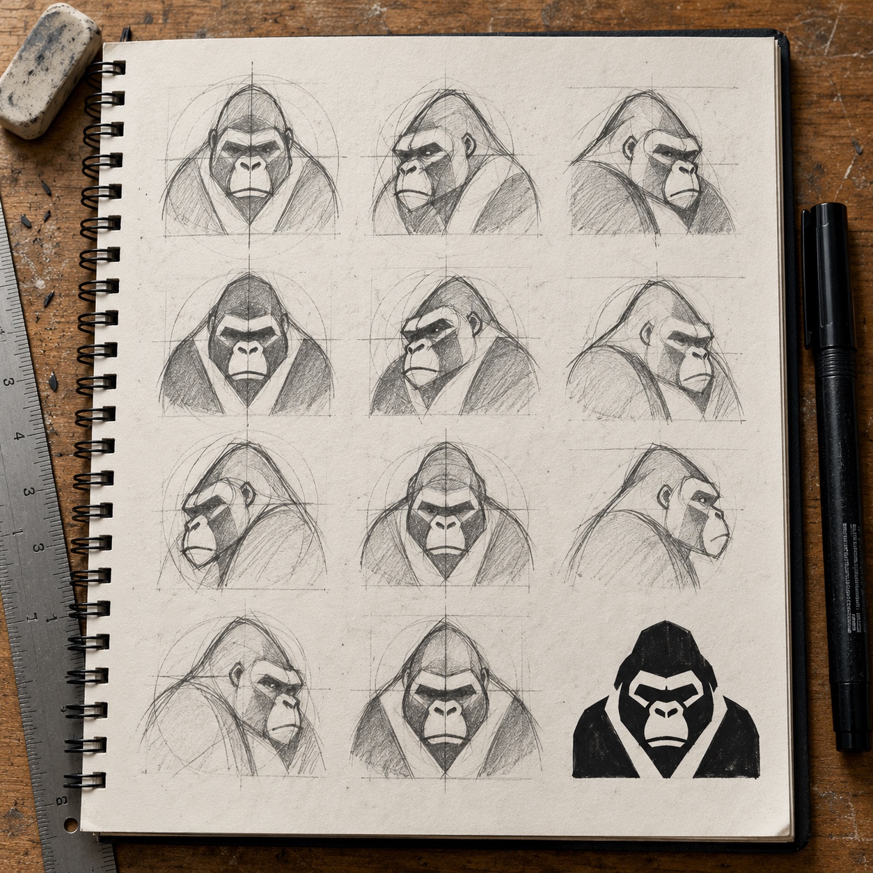 Original gorilla symbol studies Sketchbook page of original gorilla-inspired symbol and negative-space studies | Sky Rye Design Sketchbook page of original gorilla-inspired symbol and negative-space studies