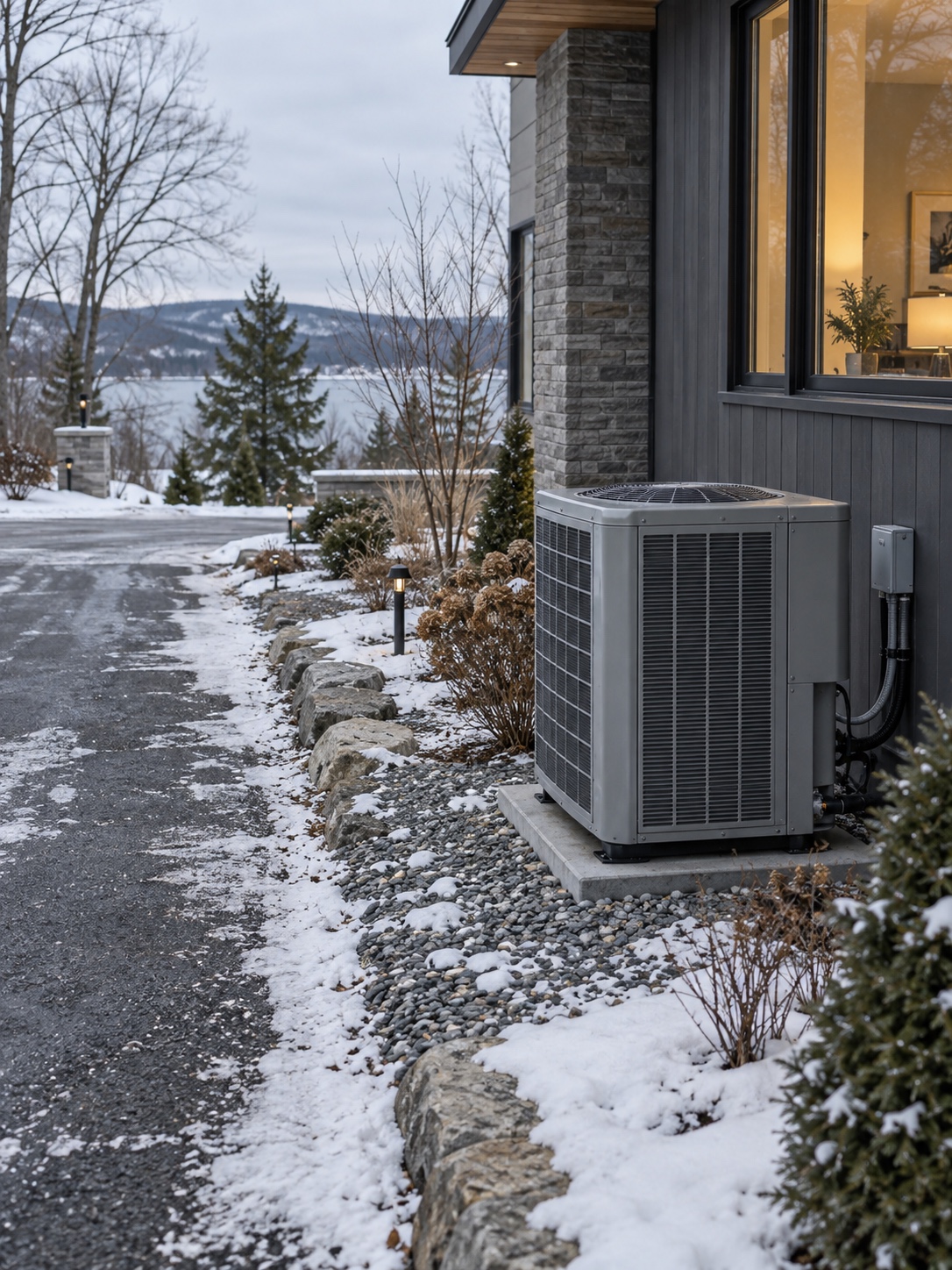 Outdoor HVAC condenser beside a modern house and away from a snow-dusted driveway