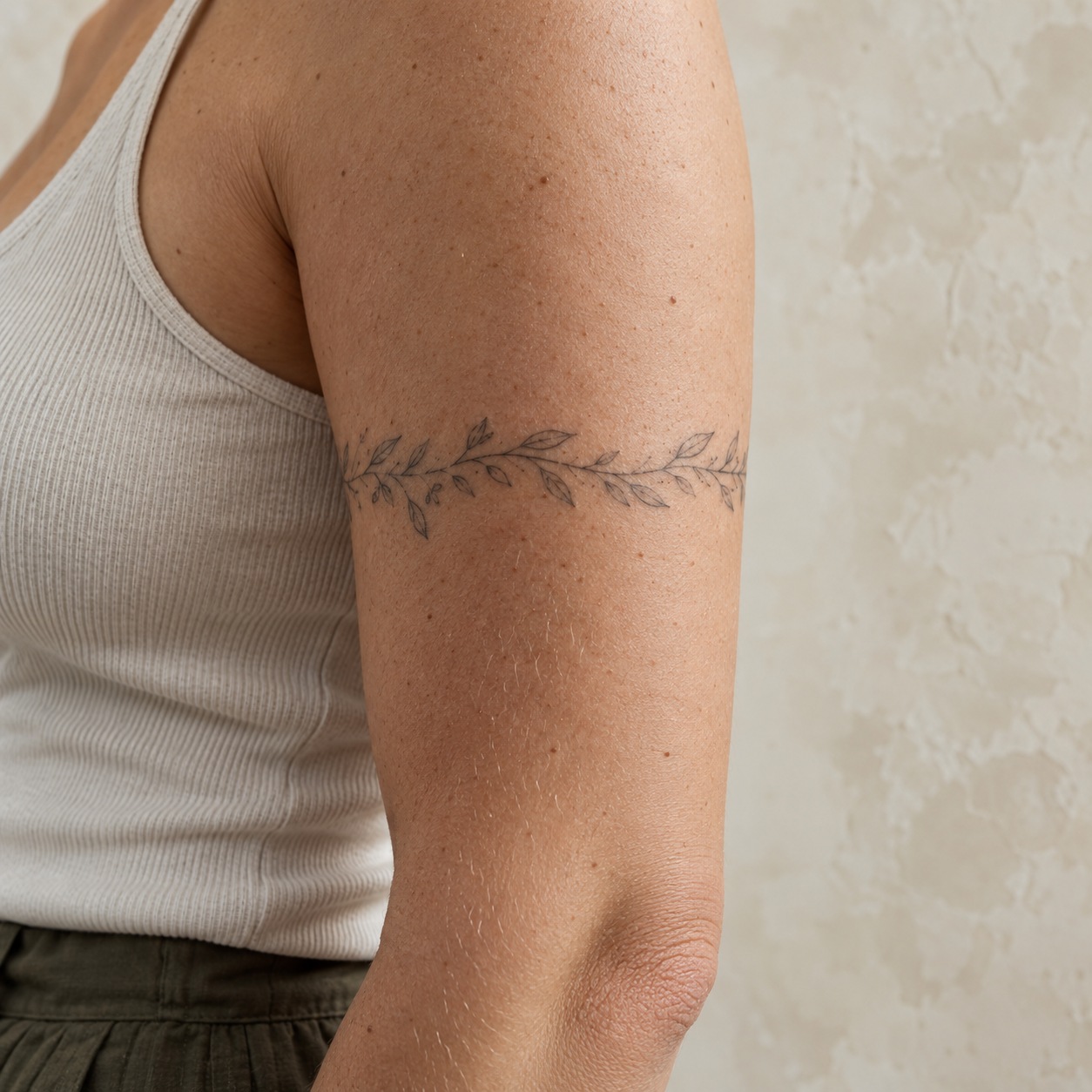 Delicate leaf band tattoo around the outer upper arm
