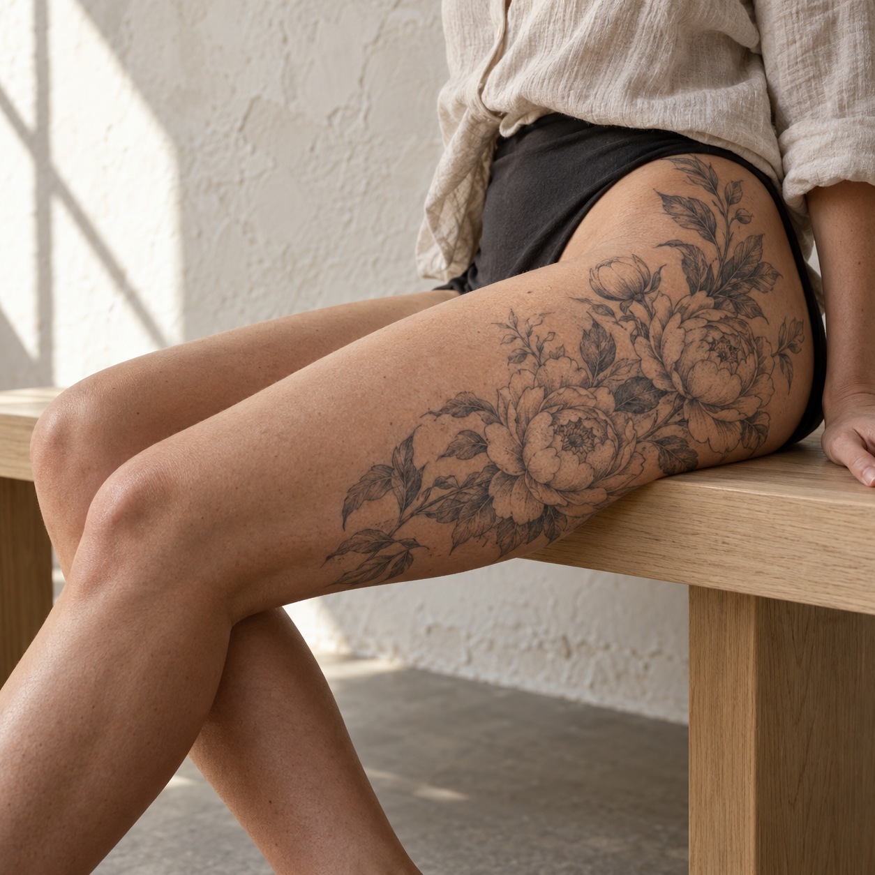 Peony and leaf tattoo across the outer thigh