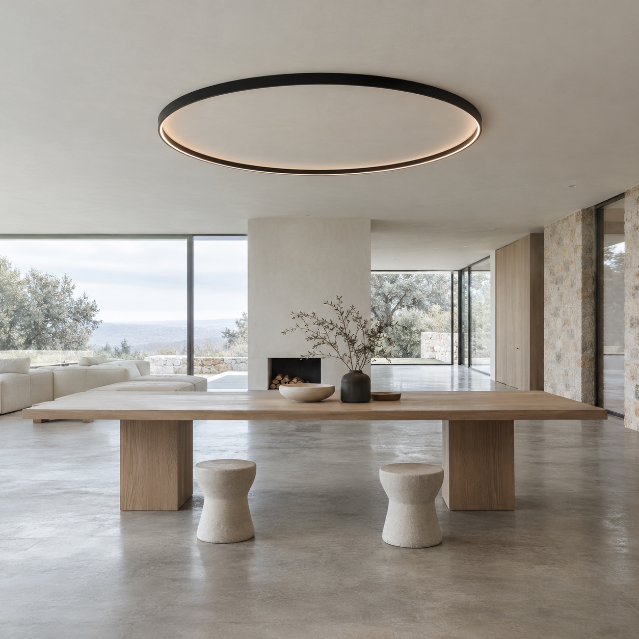 Oversized black ring flush mount light An oversized black ring ceiling light becomes a graphic focal point in an open-plan room. | Sky Rye Design An oversized black ring ceiling light becomes a graphic focal point in an open-plan room.