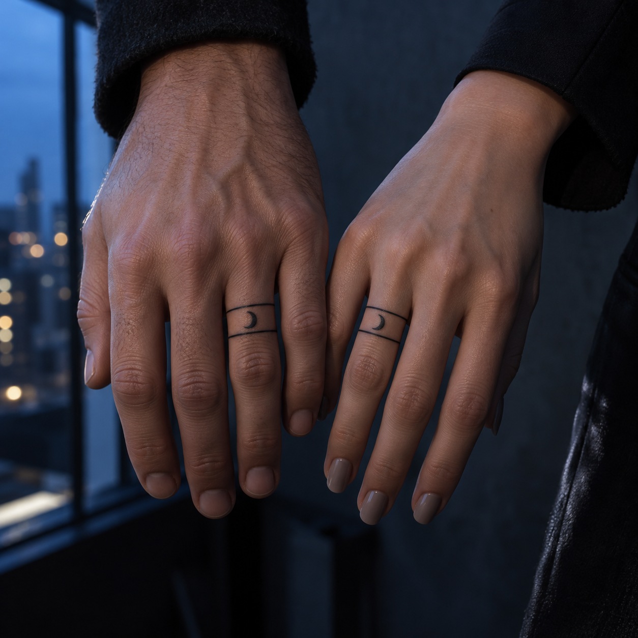 Two ring fingers with complementary waxing and waning crescent tattoos