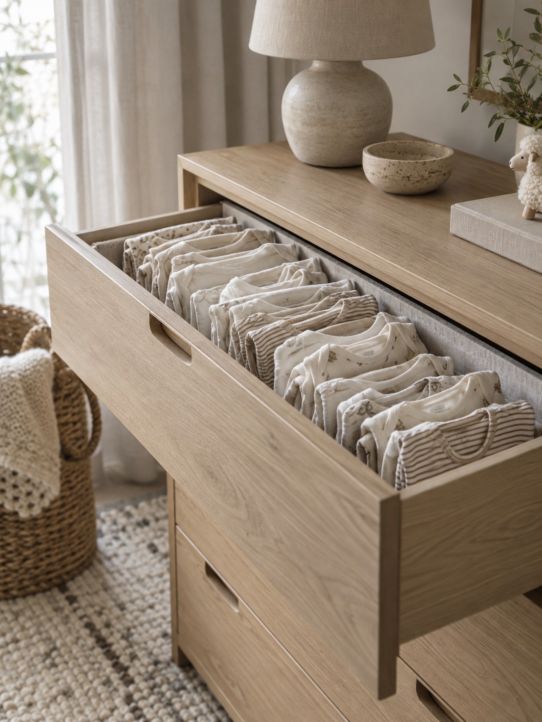 Pale oak nursery dresser organized bodysuits Pale oak dresser with cream baby clothes folded upright in an open drawer | Sky Rye Design Pale oak dresser with cream baby clothes folded upright in an open drawer