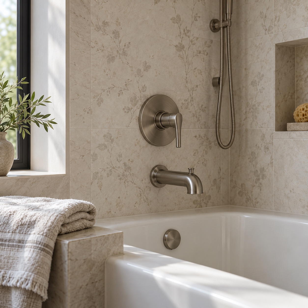Pale patterned bathroom wall surround with brushed nickel fixtures
