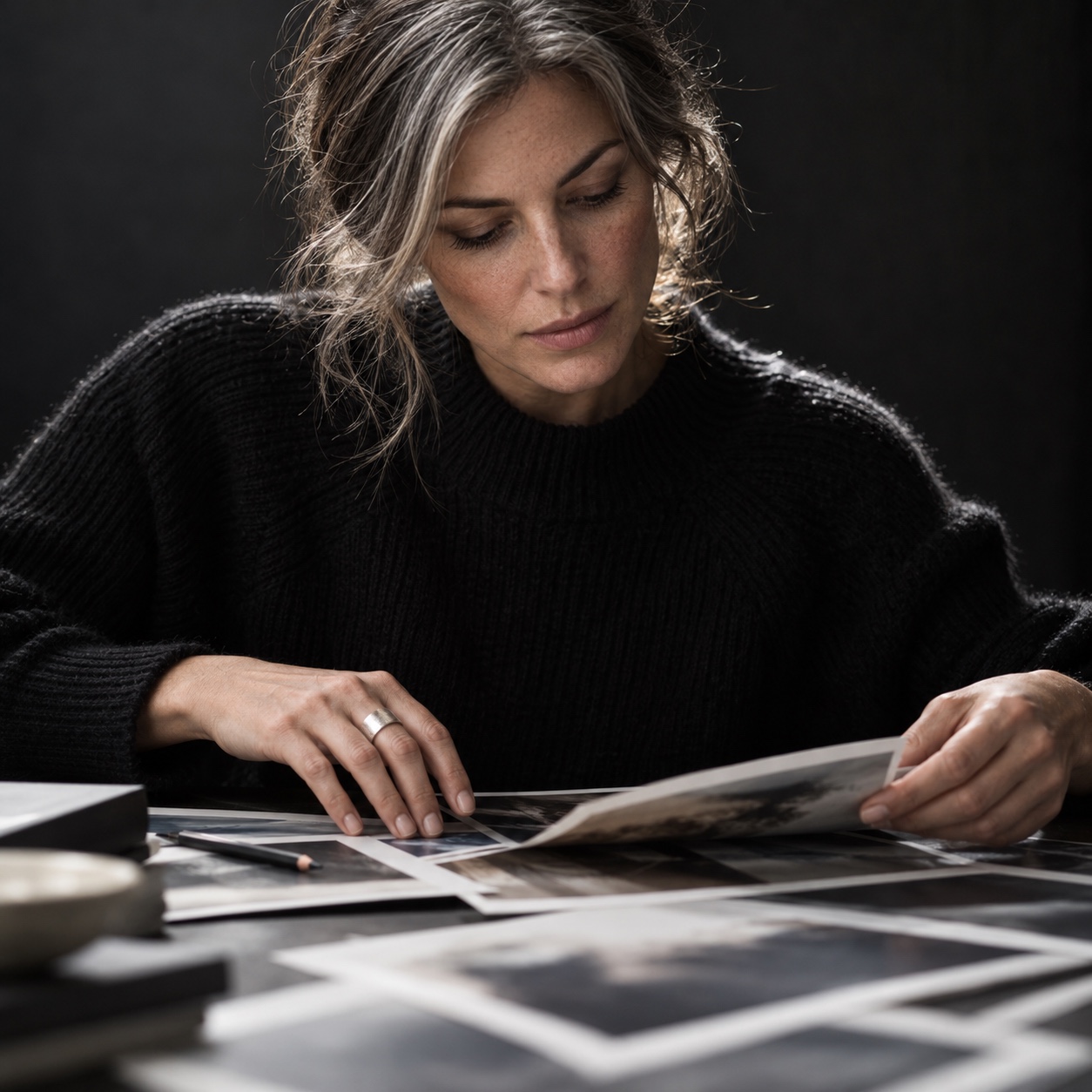 Photo observation for drawing reference Editor arranging printed photographs on a table under soft studio light. | Sky Rye Design Editor arranging printed photographs on a table under soft studio light.