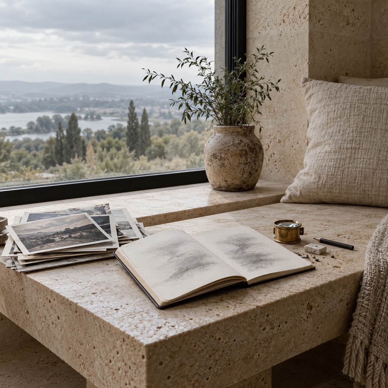 Photo references for drawing accuracy Printed photographs, a sketchbook, and a magnifying loupe on a travertine studio bench. | Sky Rye Design Printed photographs, a sketchbook, and a magnifying loupe on a travertine studio bench.