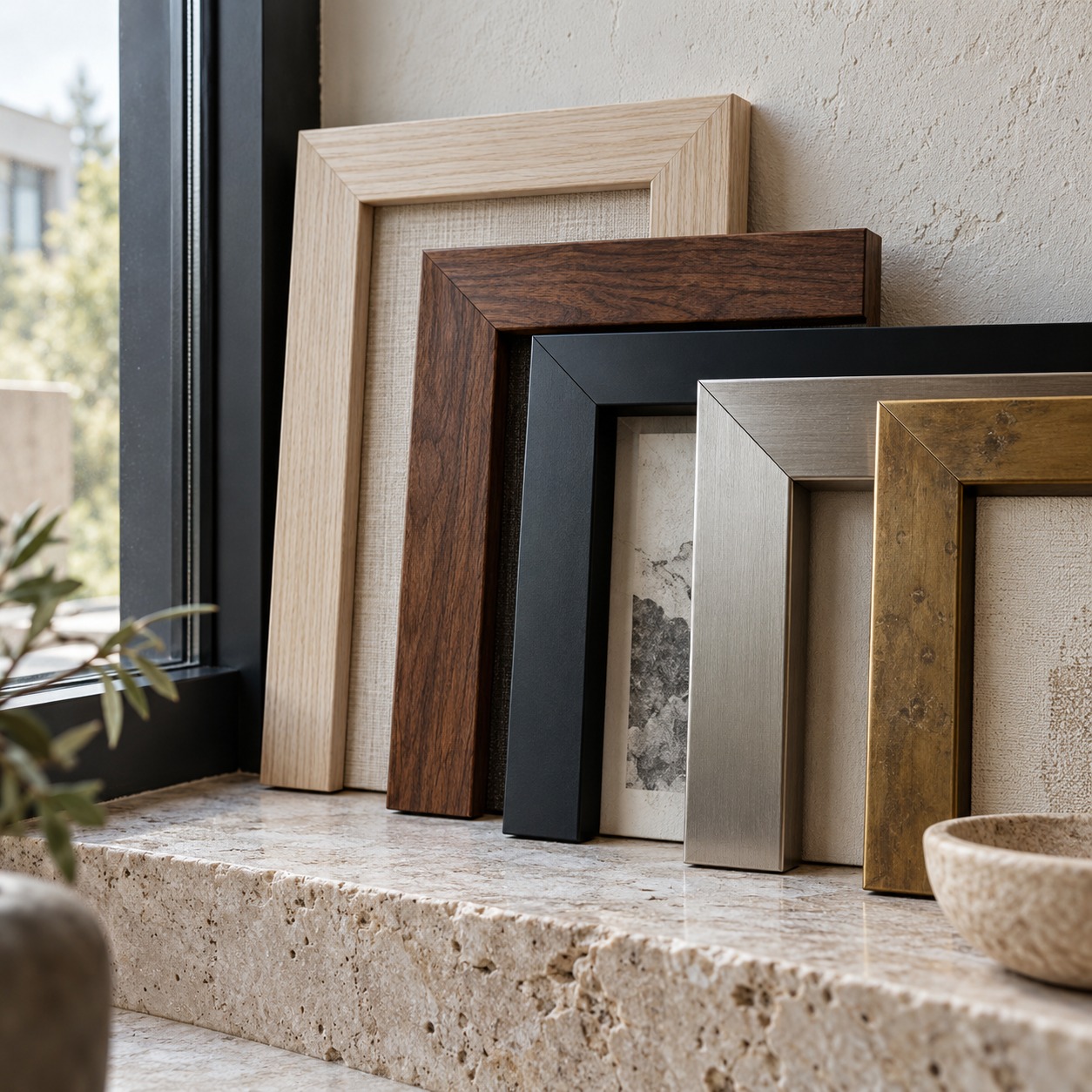 Ash, walnut, black aluminum, nickel and aged brass frame samples in natural window light