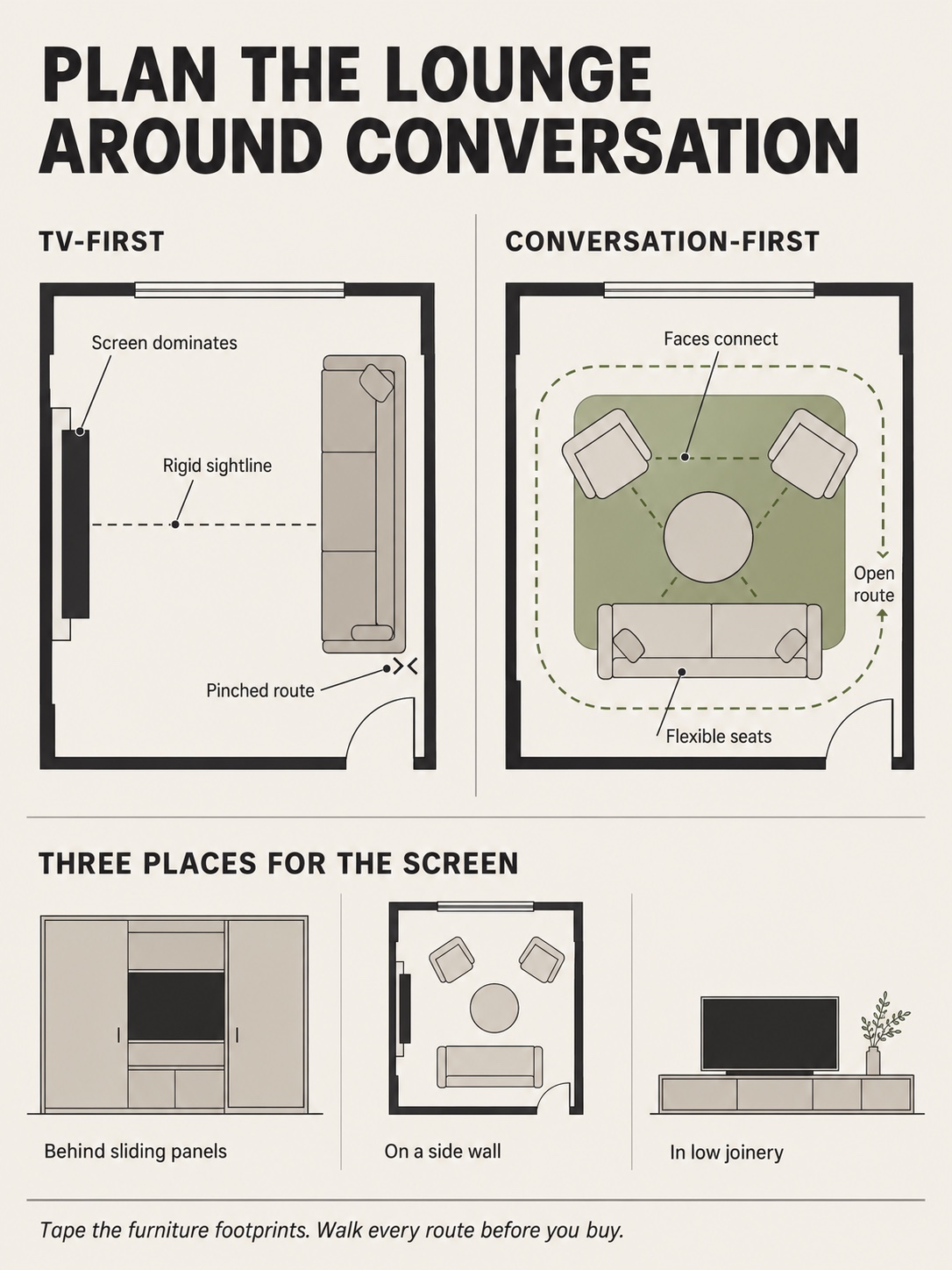 Floor-plan infographic comparing TV-first and conversation-first lounge layouts