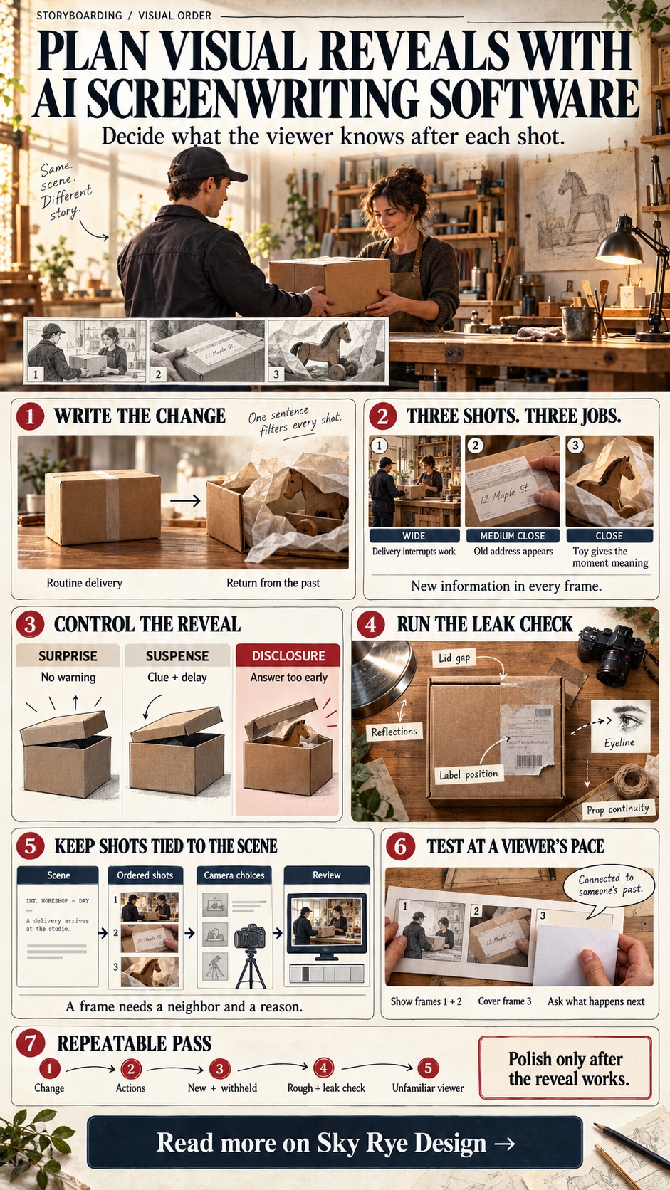 Plan Visual Reveals With AI Screenwriting Software Infographic Infographic explaining seven steps for planning visual reveals with AI screenwriting software | Sky Rye Design Infographic explaining seven steps for planning visual reveals with AI screenwriting software