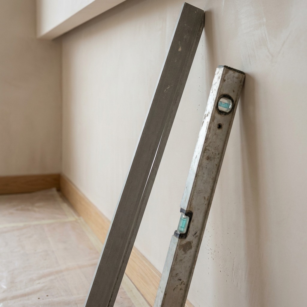 Checking Tolerances on a Finished Wall Long aluminium straightedge and spirit level held against a smooth plaster wall, with raking light revealing the flatness of the surface | Sky Rye Design Long aluminium straightedge and spirit level held against a smooth plaster wall, with raking light revealing the flatness of the surface
