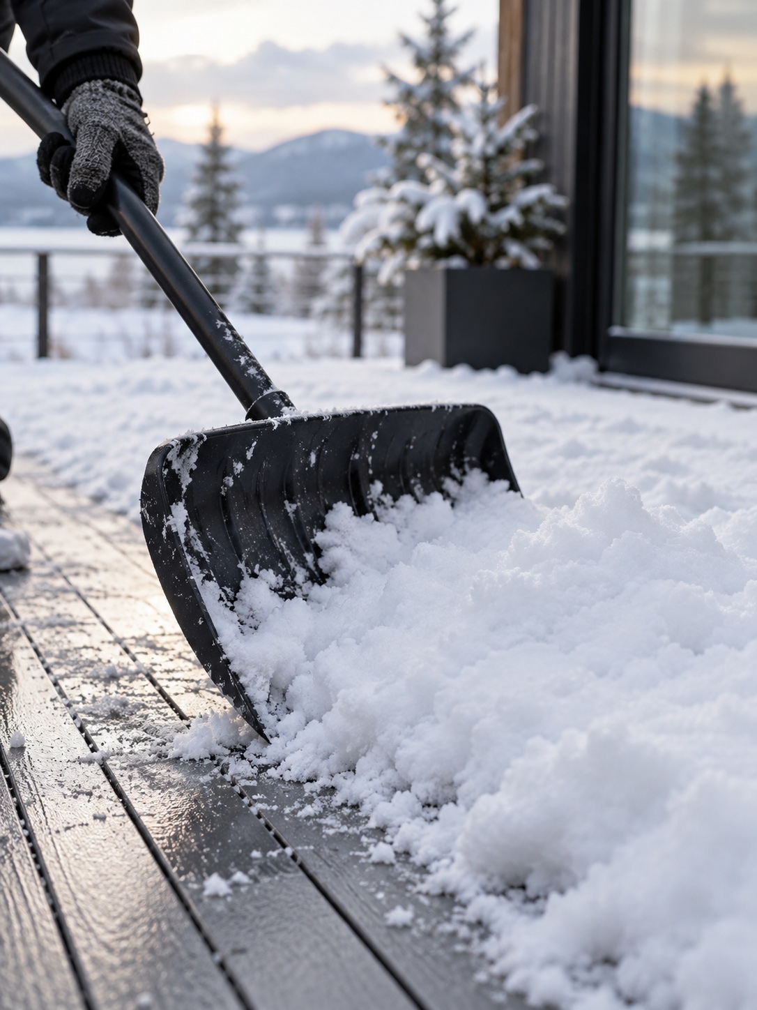 Plastic Snow Shovel on a Modern Deck Plastic snow shovel clearing fresh snow from a modern deck | Sky Rye Design Plastic snow shovel clearing fresh snow from a modern deck