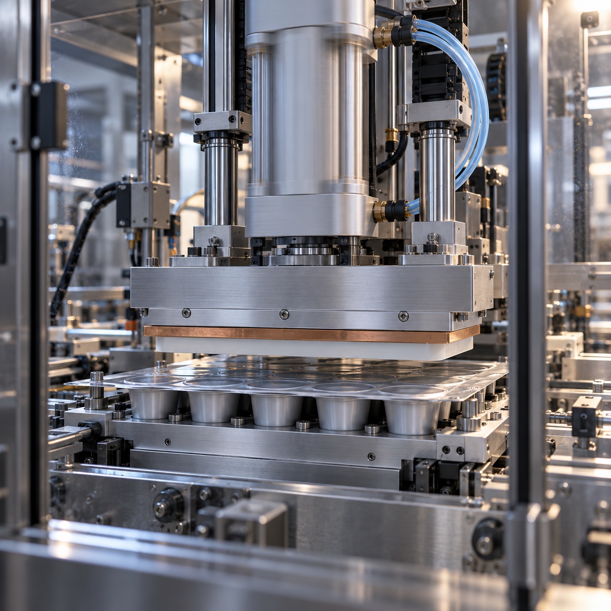 Pneumatic capsule sealing pressure Pneumatic sealing assembly pressing lidding film onto a capsule | Sky Rye Design Pneumatic sealing assembly pressing lidding film onto a capsule