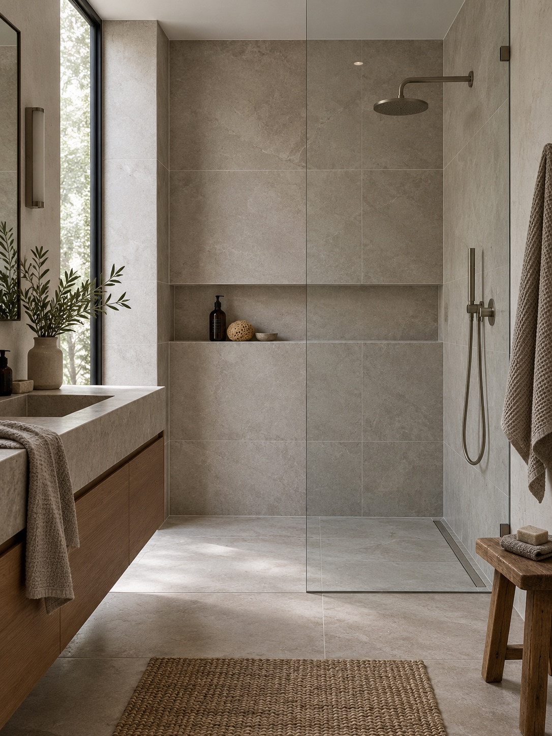 Porcelain shower niche Recessed porcelain shower niche beside frameless glass | Sky Rye Design Recessed porcelain shower niche beside frameless glass