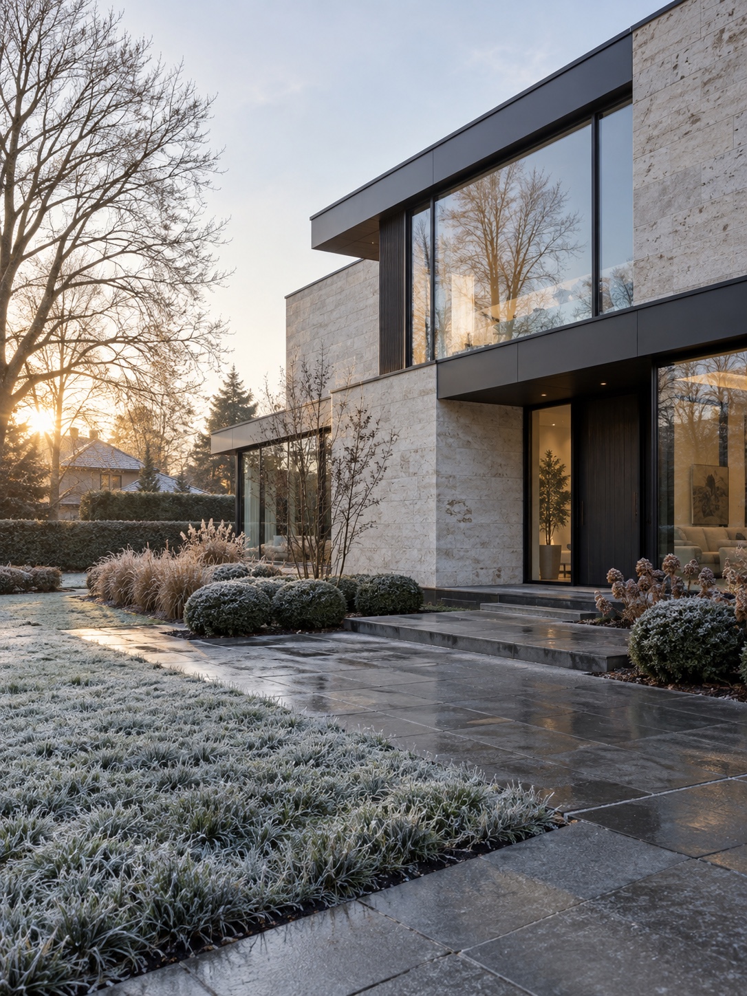 Modern house with large windows and first frost on the lawn in early winter light