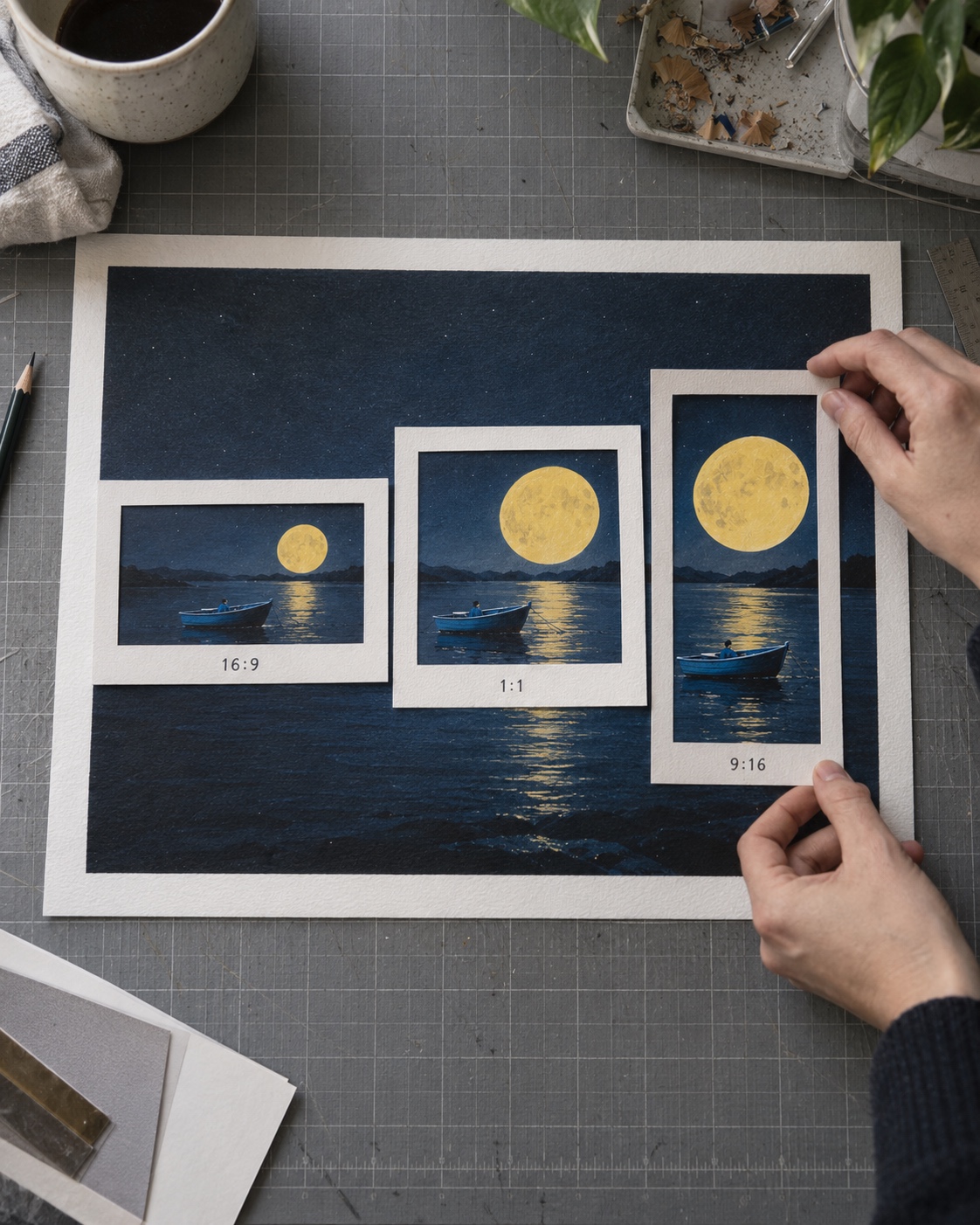 Preparing image-to-video crop formats Hands comparing 16:9, square, and vertical crops of a boat and moon illustration | Sky Rye Design Hands comparing 16:9, square, and vertical crops of a boat and moon illustration