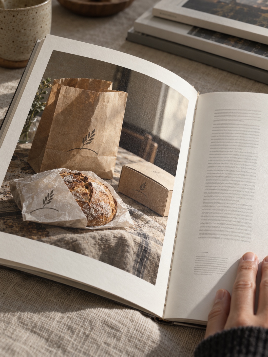 Image and explanation on the same spread Open printed portfolio with a bakery identity photo on the left page and a short text column with captions on the right | Sky Rye Design Open printed portfolio with a bakery identity photo on the left page and a short text column with captions on the right