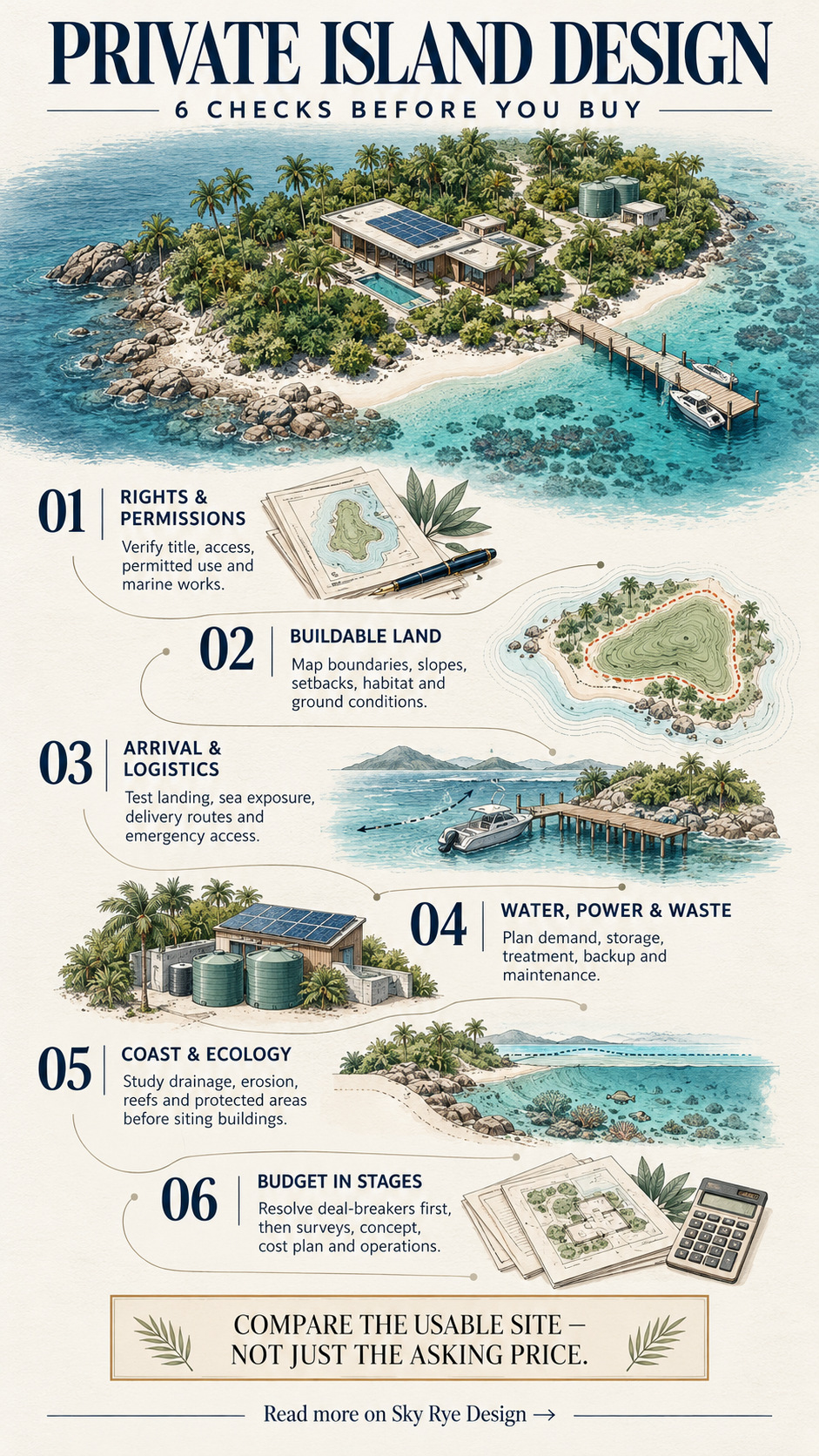 Private Island Design Buyer Due Diligence Checklist Private island design infographic showing ownership checks, site feasibility, access, utilities, coastal risks and phased planning. | Sky Rye Design Private island design infographic showing ownership checks, site feasibility, access, utilities, coastal risks and phased planning.