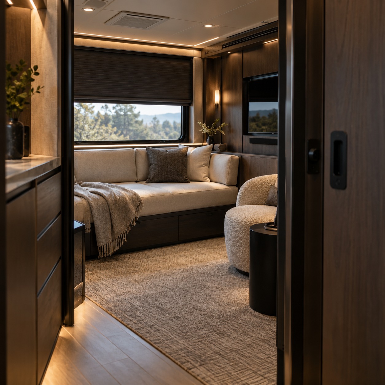 Private talent holding suite with cream seating, acoustic panels, and blackout blinds