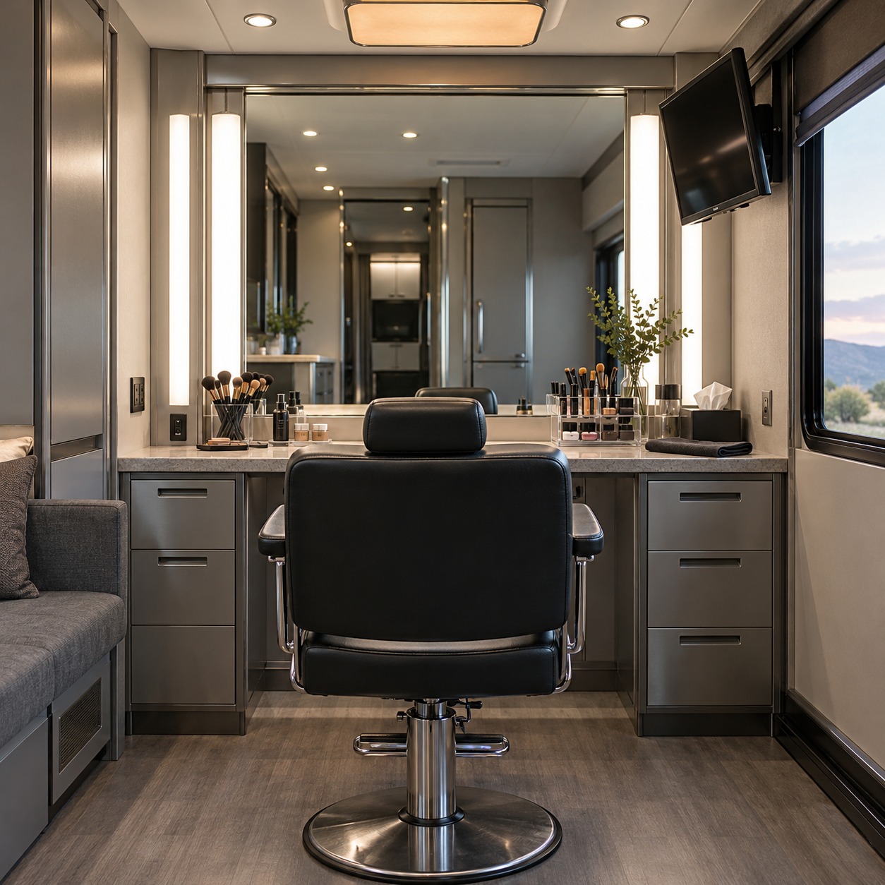 Makeup mirror with even side lighting, matte surfaces, and glare-controlled monitor placement
