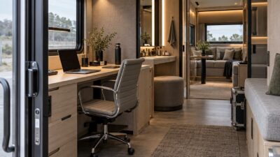 Ultra-modern production motorhome interior with office, makeup, and private lounge zones