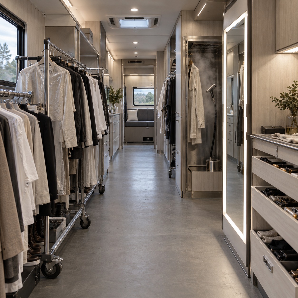 Motorhome wardrobe zone with garment racks, steamer niche, fitting mirror, and clear aisle
