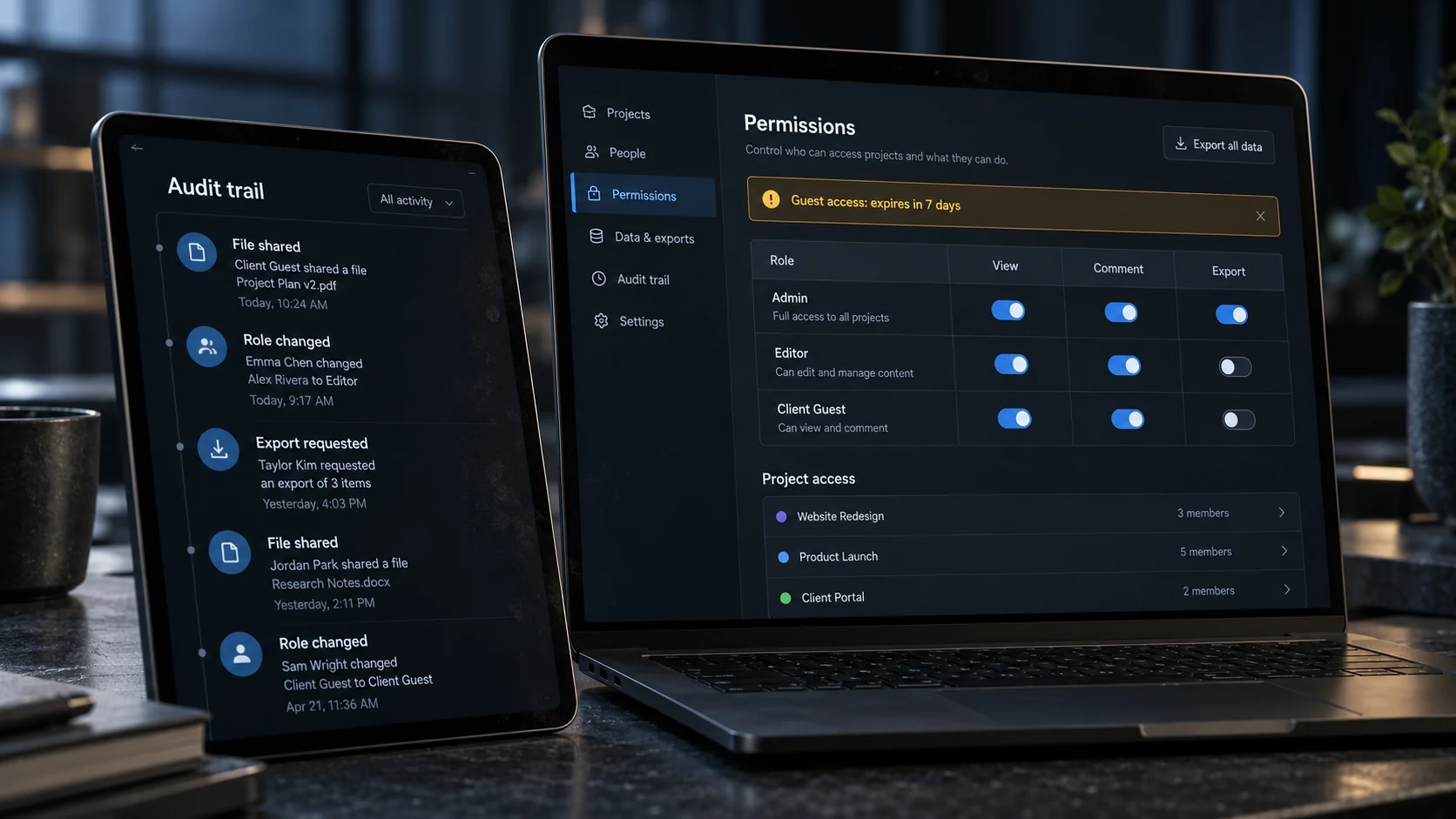 Project management permissions matrix with guest access, audit trail, and data export controls
