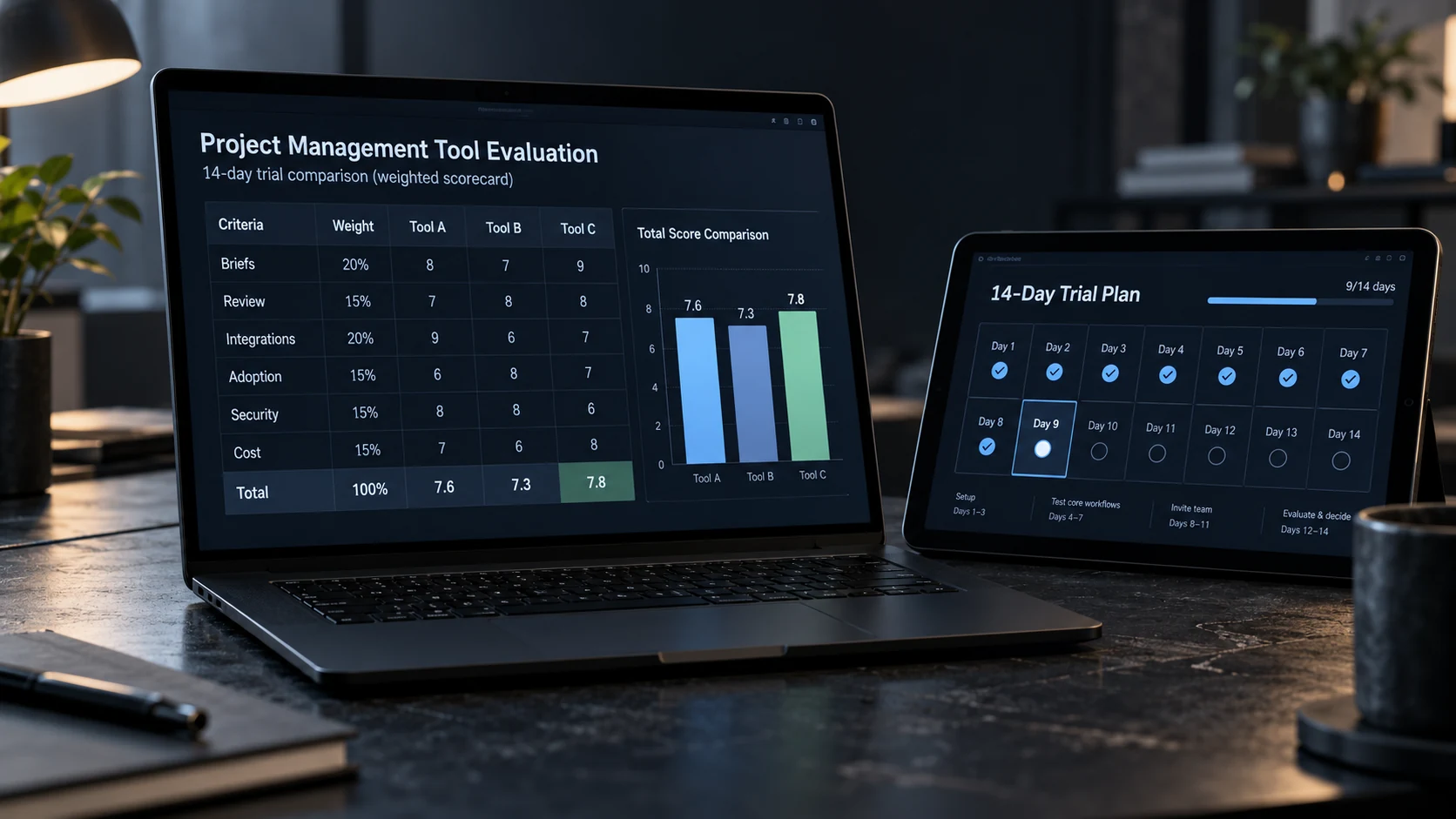 Fourteen-day project management software trial scorecard comparing briefs, integrations, adoption, security, and cost