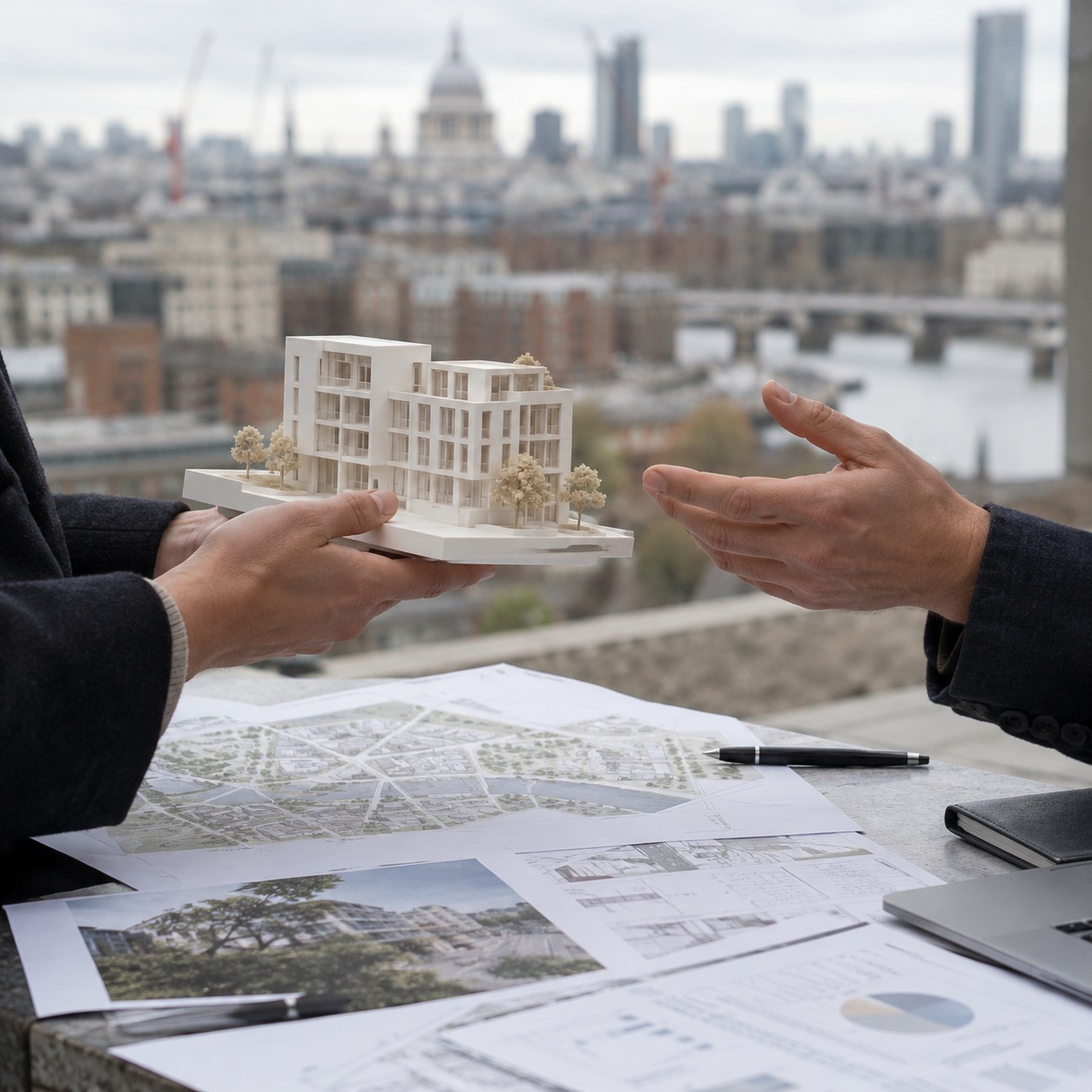 Property development building model hands Hands holding a white building model against a blurred city background | Sky Rye Design Hands holding a white building model against a blurred city background