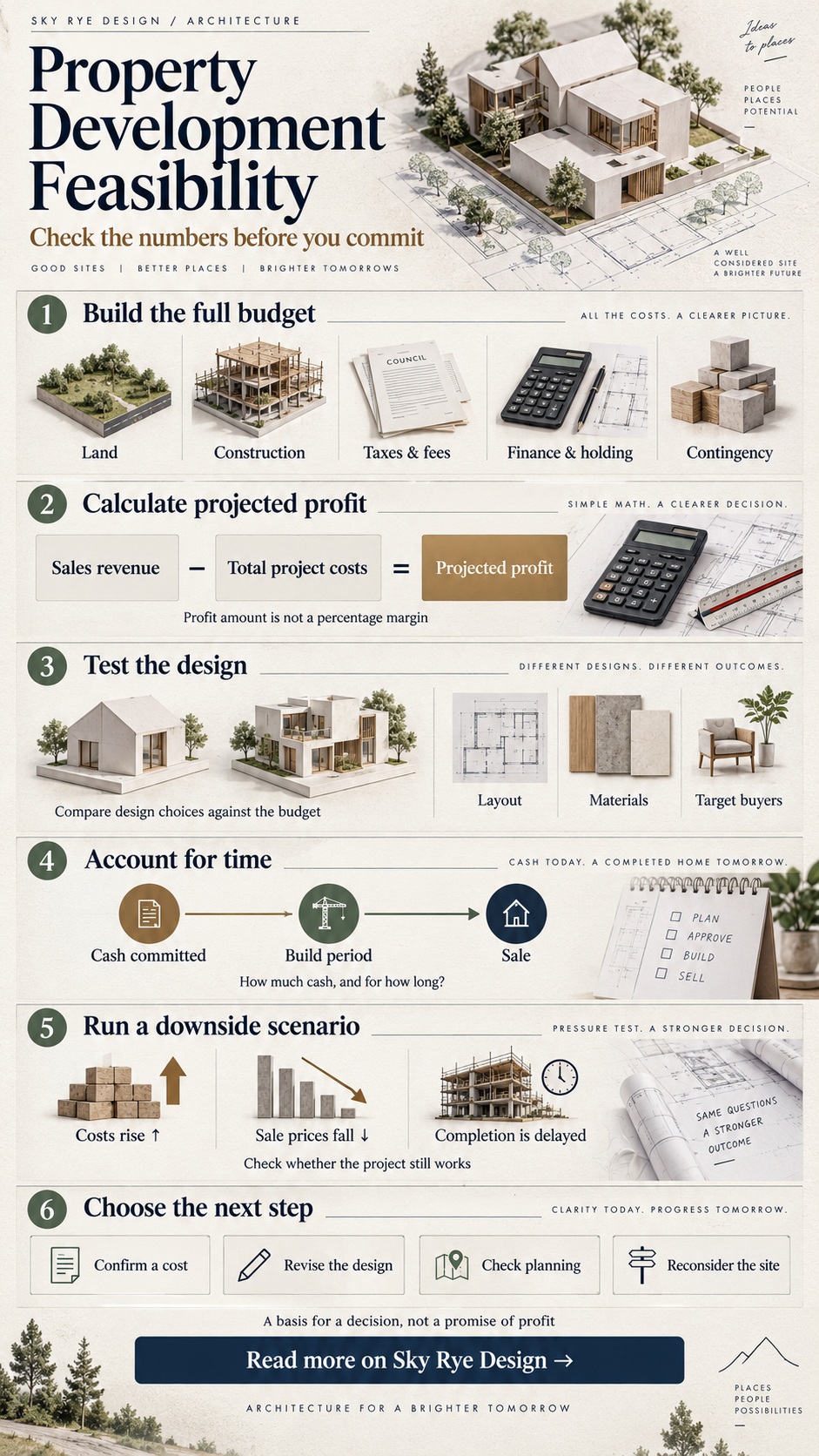 Property development feasibility infographic Property development feasibility infographic covering the full budget, projected profit, design choices, project duration, downside scenarios and next steps. | Sky Rye Design Property development feasibility infographic covering the full budget, projected profit, design choices, project duration, downside scenarios and next steps.