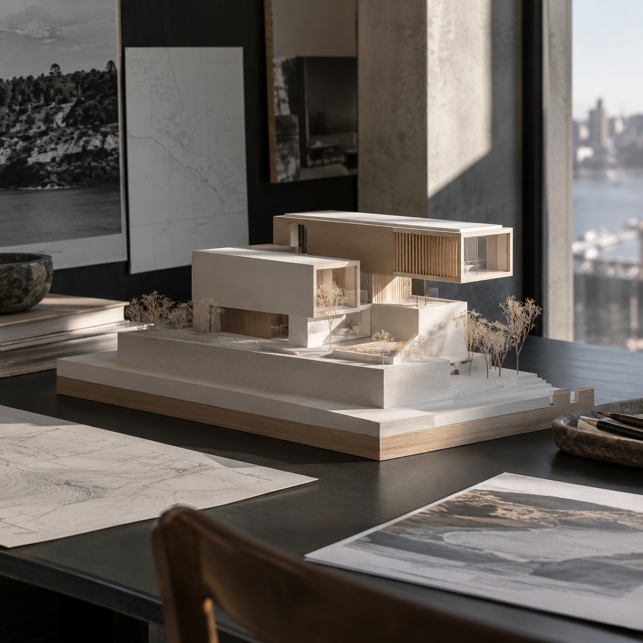 Property development feasibility massing model White card and oak building model with stepped volumes on a charcoal table | Sky Rye Design White card and oak building model with stepped volumes on a charcoal table