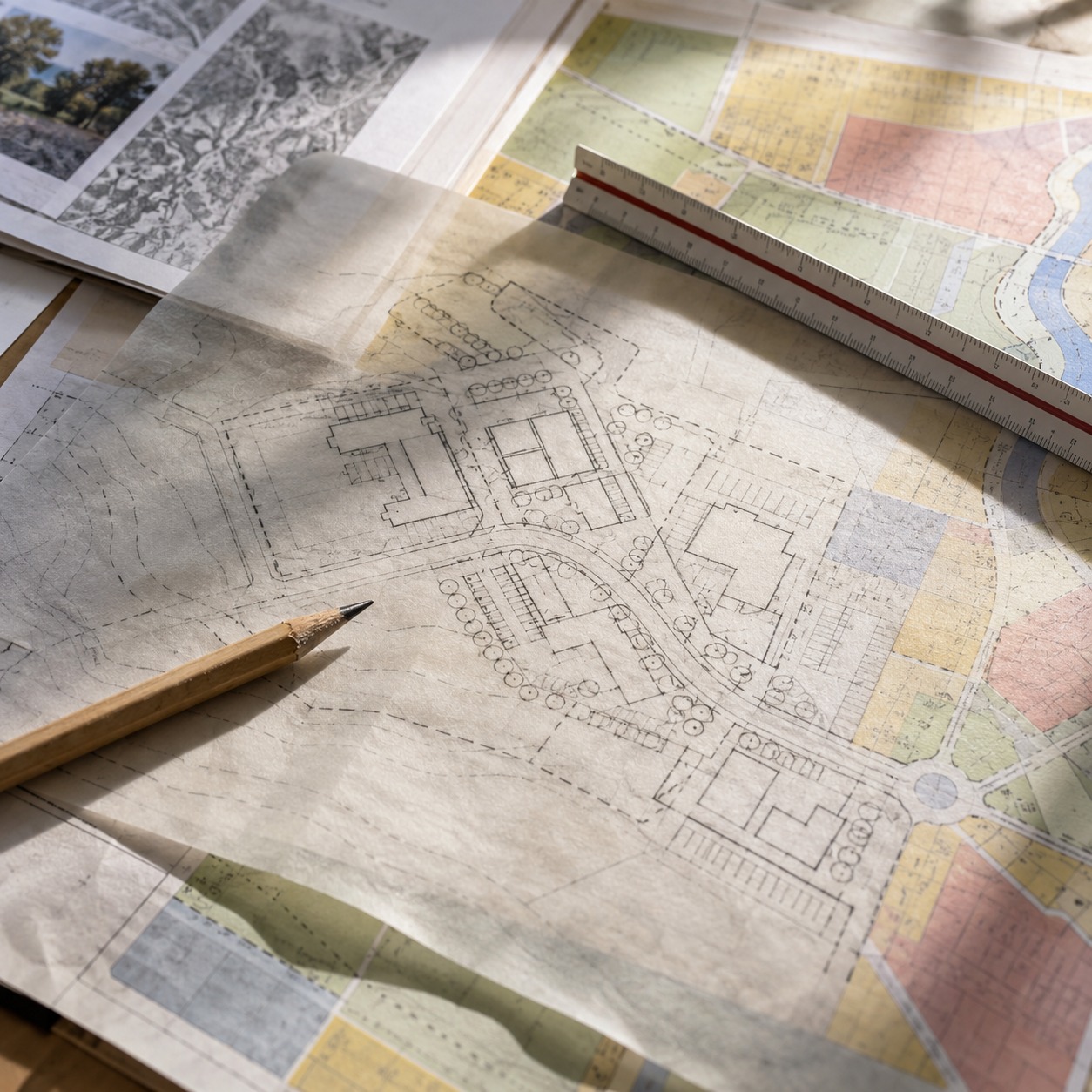 Property development site plan zoning Tracing-paper site plan over a zoning map beside a pencil and scale ruler | Sky Rye Design Tracing-paper site plan over a zoning map beside a pencil and scale ruler