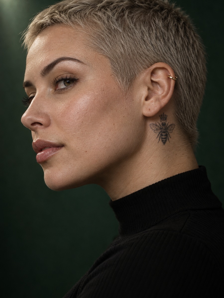 Fine-line queen bee tattoo with a tiny crown behind the ear