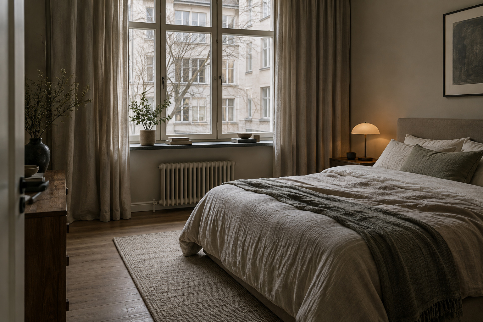 Quiet apartment bedroom with soft daylight and acoustic comfort