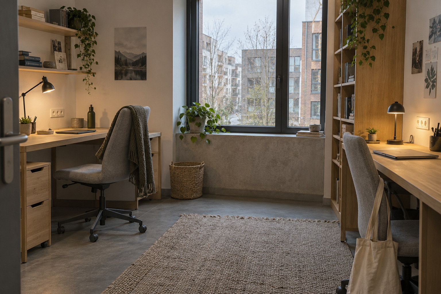 Quiet shared study room with desks, soft light and outlets