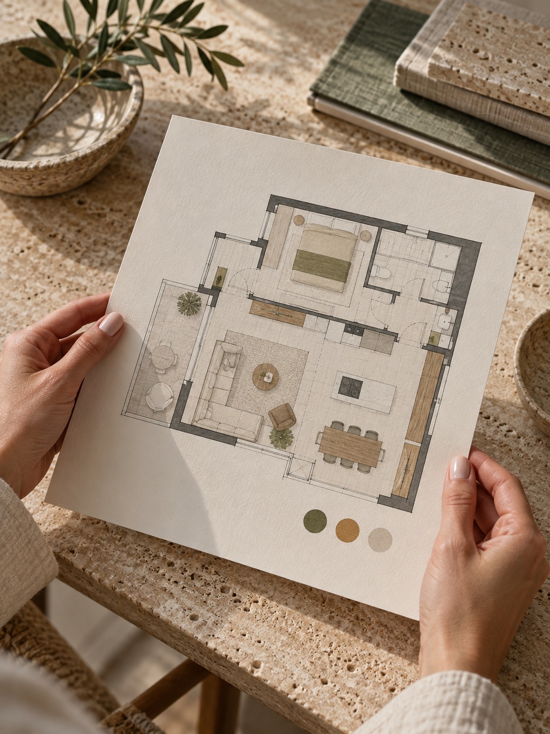 Hands holding a cream tactical floor plan marked with three coloured dots